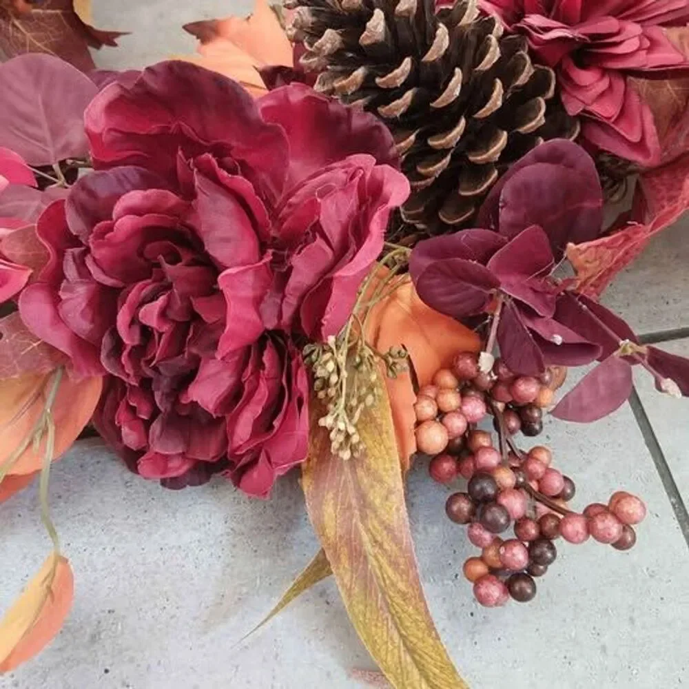 Door Wreath Autumn Dahlia, maple leaves and pinecone BURGUNDY RED ORANGE FLOWERS